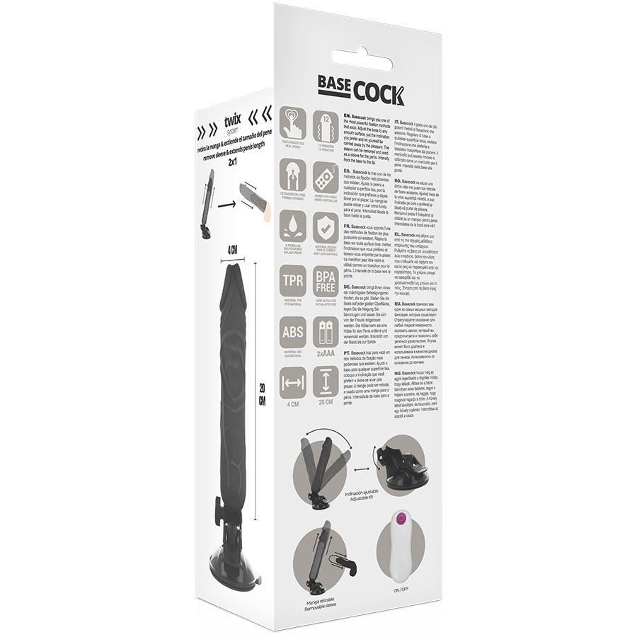 BASECOCK - VIBRATEUR RÉALISTE AVEC TÉLÉCOMMANDE NOIR 20 CM -O- 4 CM