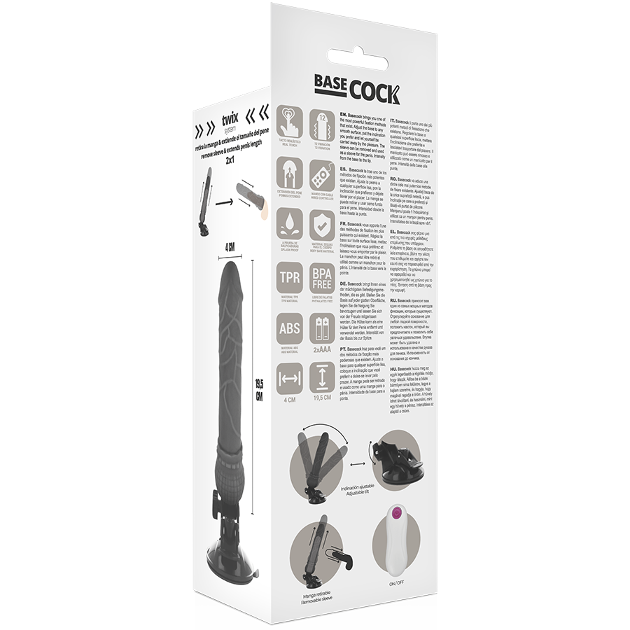 BASECOCK - REALISTIC VIBRATOR WITH REMOTE CONTROL BLACK 19.5 CM -O- 4 CM