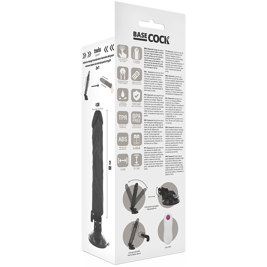 BASECOCK - VIBRATEUR RÉALISTE AVEC TÉLÉCOMMANDE NOIR 21 CM -O- 4 CM