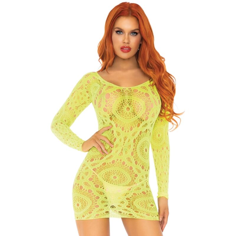 LEG AVENUE - GEHAAKTE KANTEN MINIJURK MET LANGE MOUWEN NEON ONE SIZE