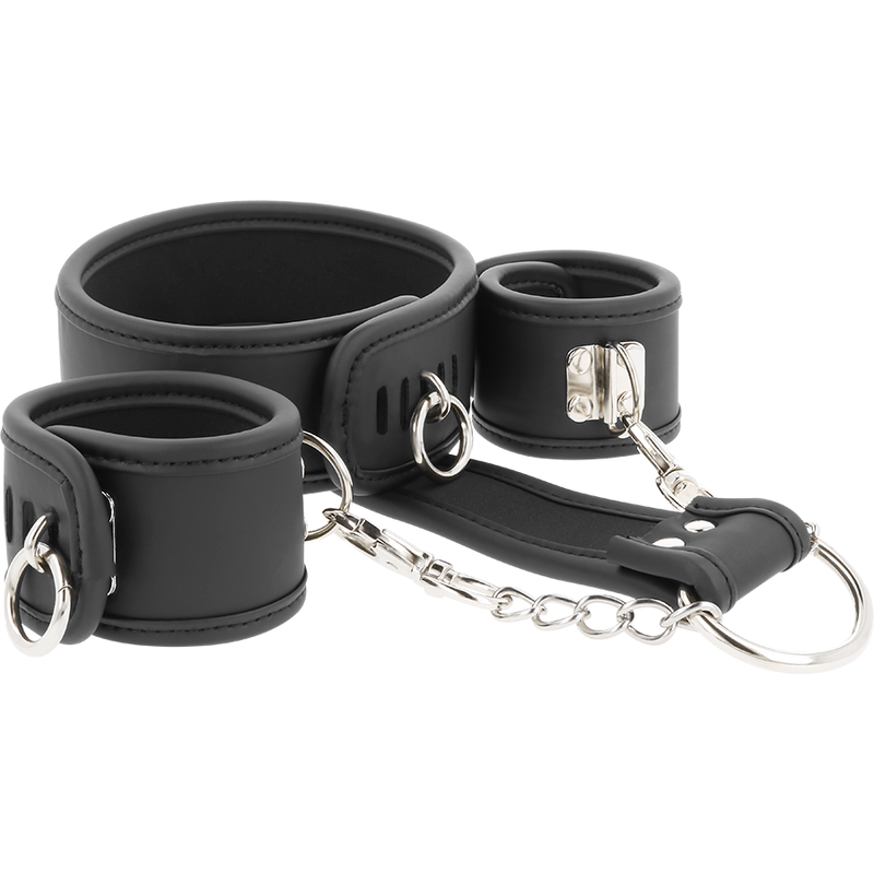 FETISH SUBMISSIVE - NECKLACE AND HANDCUFFS MADE FROM VEGAN LEATHER WITH NOPRENE LINING