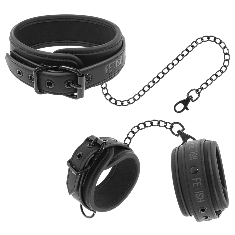 FETISH SUBMISSIVE - NECKLACE AND HANDCUFFS MADE FROM VEGAN LEATHER WITH NOPRENE LINING